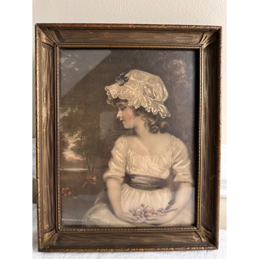 Antique John Drescher Co NY Lithograph Girl in Bonnet Ornate Gold Gilt Frame